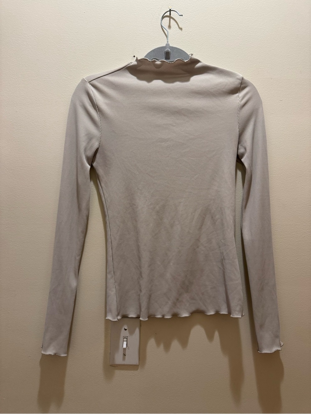 Long Sleeve Lettuce Edge Mock Neck Top - Light Beige